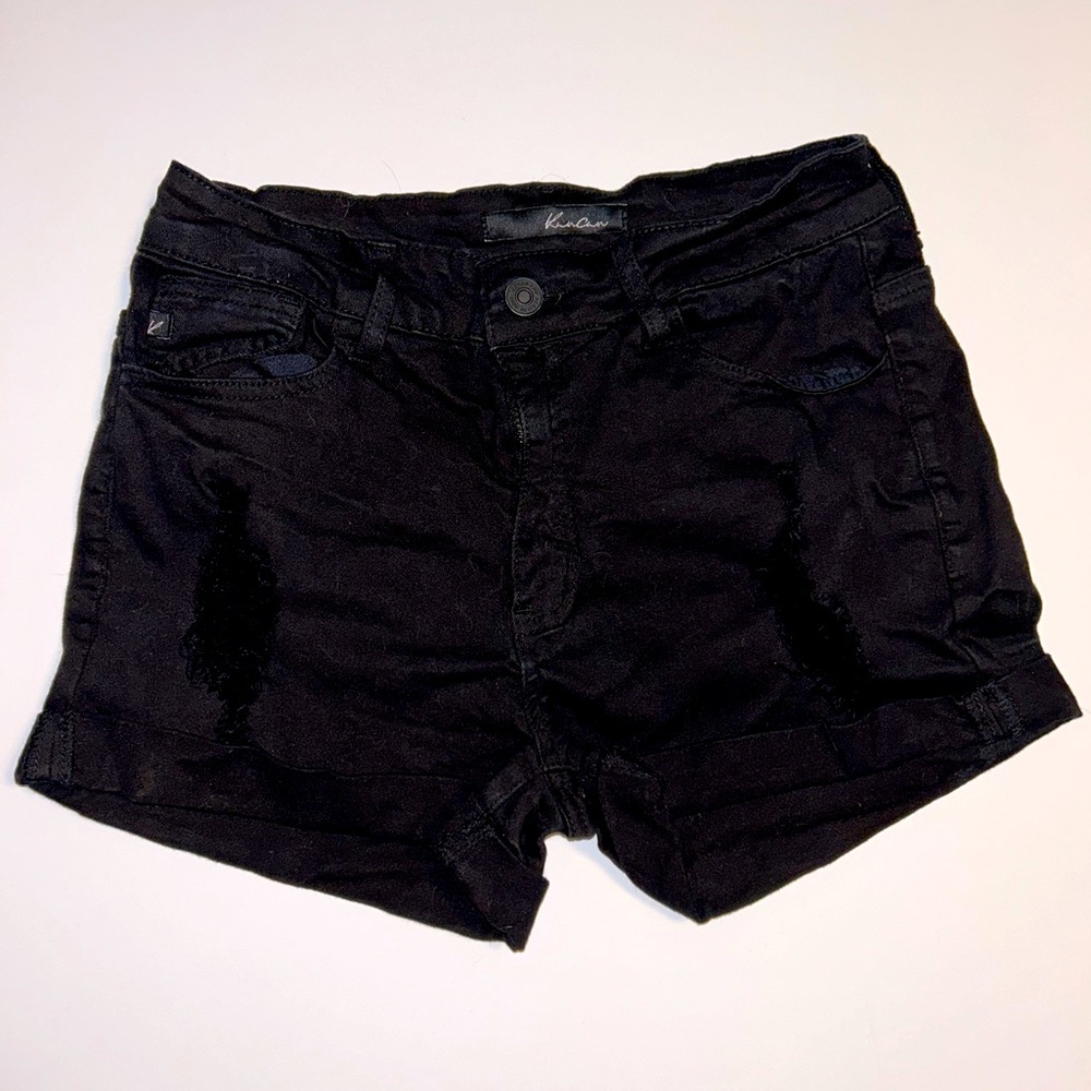KanCan cuffed hem, distressed black denim shorts sz 26